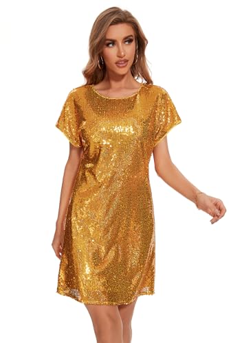Image of Women's Crewneck Sequin Shift Dress Short Sleeve Casual Holiday Sparkly Party Dress