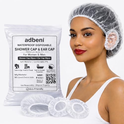 Image of Adbeni Waterproof Disposable Hair Cap + Ear Cap for Women & Men, Clear Plastic Spa, Salon, Food Handling, Hotel, Travel & Dyeing High Quality Bath Shower Protection Hat for Bathroom, Beauty Treatments
