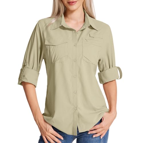 Yenwits Hemdbluse Damen UPF 50 UV Schutz Langarmshirt Atmungsaktiv Quick Dry Safari Kleidung Outdoor Wanderhemd Casual Tops für Reisen Sport Angeln Golf(5081,Khaki,S)