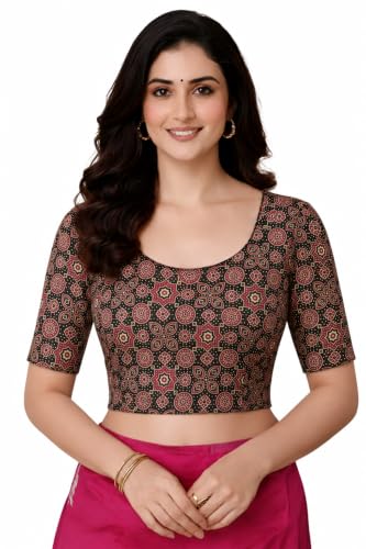 Image of Amazon Brand - Anarva Women's Kalamkari Print Cotton Stretchable Round Neck Readymade Saree Blouse