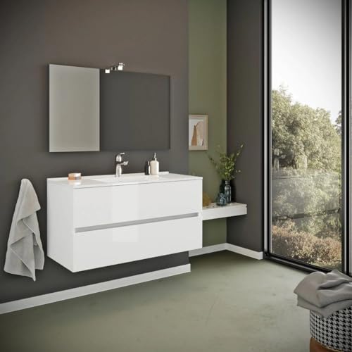 Kiamami Valentina Mueble de baño suspendido de 90 cm con cajones Blanco Brillante Benaco