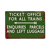 Letrero de metal retro para todas las consultas de trenes y equipaje izquierdo, letrero de metal vintage para decoración de pared para el hogar, bar, cafetería, póster de metal de 8 x 12 pulgadas