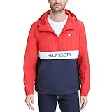 Tommy Hilfiger Men's Lightweight Taslan Hooded Popover Windbreaker Jacket Outerwear, -Red/Navy Color...