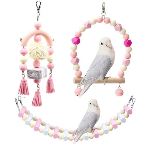 Image of 3PCS Bird Toys Bird Foraging Toys Chewing Hanging Birdcage Swing Cage Accessories Parrot Climbing Ladder for Conure Parakeet Cockatiel Budgies Lovebird Parrotlet (Pink)