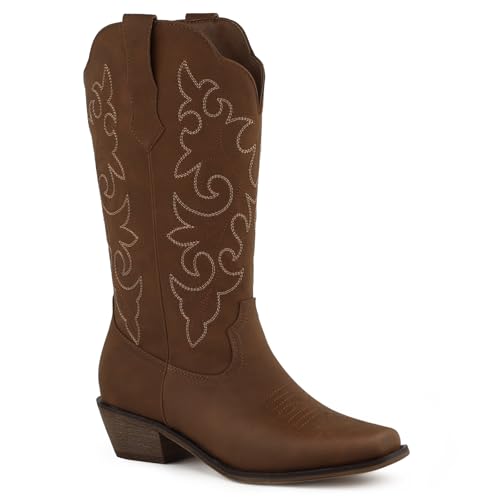 Glxybdas Brown Cowboy Boots for Women Square Toe Mid Calf Cowgirl Boots Chunky Heel Western Cowboy Boots for Dancing Country Concert Daily Outfits Size8