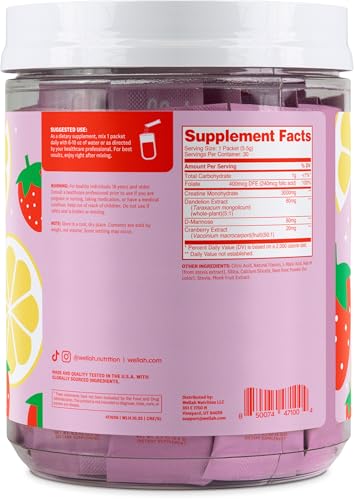 Image of Wellah Creatine for Women (Strawberry Lemonade) 30 Stick Packs - 3g of Creatine Monohydrate with Dandelion & Cranberry Extract, to-Go Packets