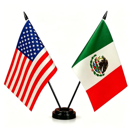 US & Mexico Twin Desk Flag Set - Miniature American & Mexican Combination Flag for Room Display