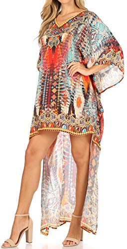Sakkas Laisson Flowy Hi Low Caftan Rhinestone Boxy V Neck Dress Top Cover/Up3