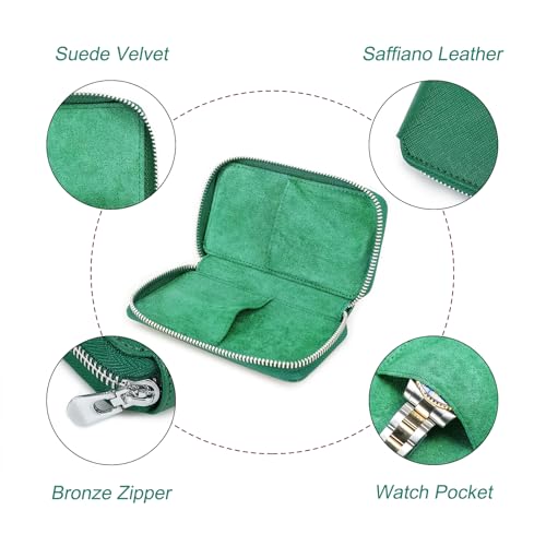 Image of CONTACT'S FAMILY Genuine Leather Watch Box Watches Organizer 2 Slot Zipper Watch Holder Pouch for Travel Vintage Watches Case and Storage Bag (Green)