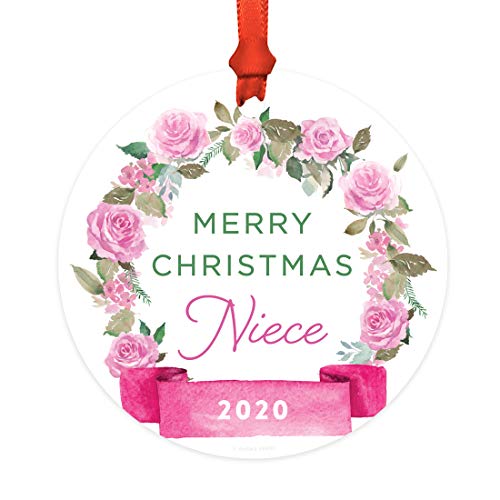 Andaz Press Custom Year Round Metal Christmas Ornament, Merry Christmas Niece 2025, Pink Flowers Banner, 1-Pack, Includes Ribbon and Gift Bag