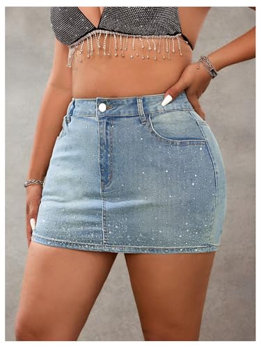 MakeMeChic Women's Plus Size Bodycon Denim Mini Skirt Rhinestone High Waisted Summer Y2K Jean Skirts3