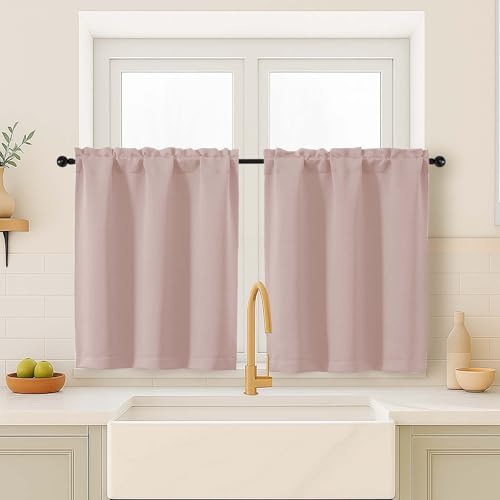 Image of Blush Pink Curtains for Small Window Treatment, Light Blocking Short Kitchen Window Curtains Over Sink, Rod Pocket Half Window Tiers for Bathroom Basement, Each 40Wx36L, 2 PCS
