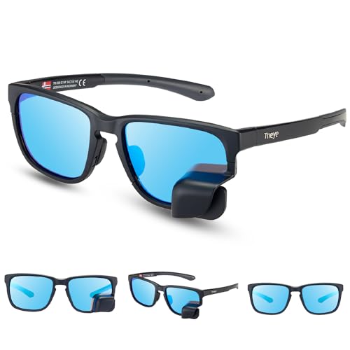 TriEye Classic Cycling Glasses with Rear-View Mirror Interchangeable Detachable Lens Sunglasses for Men & Women UV400 Polarized Road Bike Safety Eyewear Matte Charcoal Reflective Blue Left