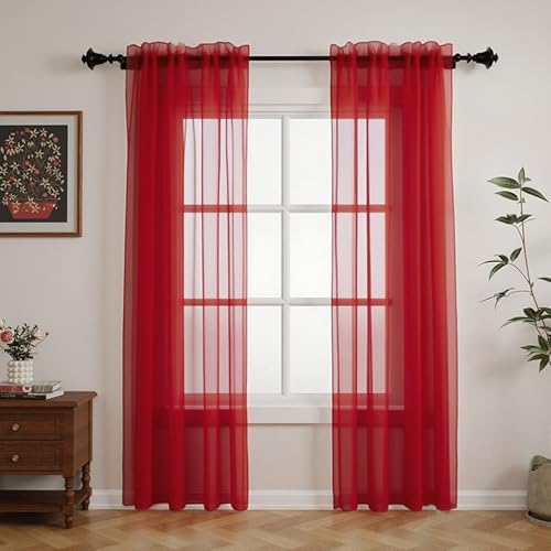 Image of GFCC Voile Curtains, 90 Drop 2 Panels Red Net Curtains for Windows Rod Pocket Sheer Curtain Semi Transparent Eyelet Sheer Curtain Panel for Bedroom Kitcken Living Room W60xL90 Inch (152 x 228cm)