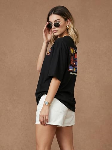 Image of JUNEBERRY Pure Cotton Oversized Drop Shoulder T-Shirt for Women | Front & Back Print, Half Sleeve, Baggy Fit, Round Neck | Sizes S-XXL