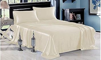 Kanak Bedding- Sheet Set Hotel Quality Silky Soft Luxurious Satin 6 Pc Sheet Set Wrinkle & Fade Resistant, Silk Flat Sheet & Pillowcases Set with 21 Inch Dp Pocket Twin-Ivory