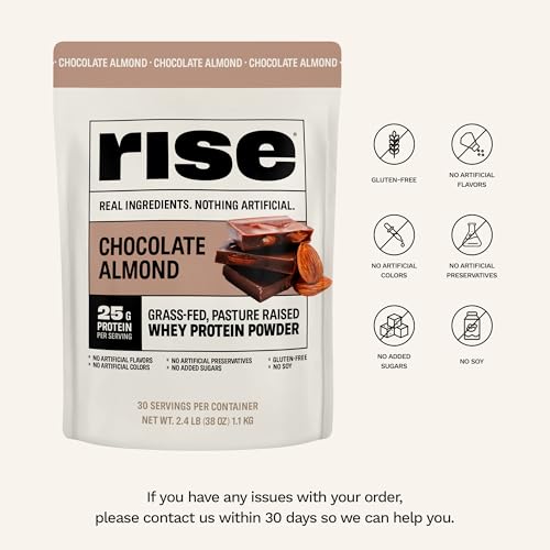 Image of Rise Grass-Fed Whey Protein Powder - Chocolate Almond | 25g Protein No Artificial Flavors, Colors, or Preservatives - Sugar Free, Gluten-Free, Soy Free (Single Serving, 1 Pack)