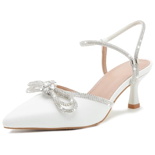 Women's Rhinstone Wedding Low Heel Slingback Kitten Heels, Adjustable Strap Pointed Toe Bow Pumps Prom Dress Shoes White Matte 38 - US 7 by Peijely - Used condition - US$17.83