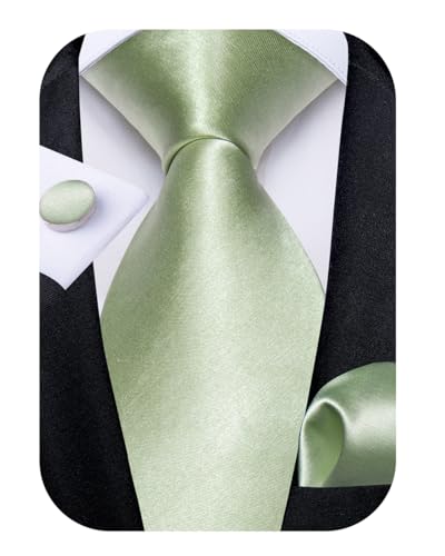 DiBanGu Light Green Tie for Men Satin Green Necktie and Pocket Square Cufflinks Sets Wedding Party