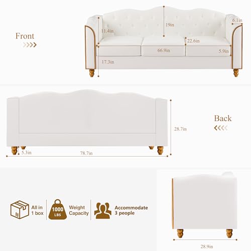 Image of HITHOS 78 inch Leather Sofa Couch, Soft 3 Seater Sofa Couches for Living Room, Button Tufted Comfy Couch Modern Sofa with Upholstered Cushion, Gold Trim, Solid Wood Legs for Dorm Bedroom Apartment, White