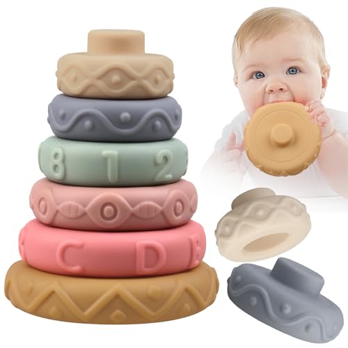 Image of Miawow 6 Pcs Stacking Rings Soft Toys for Babies Newborn 0 3 4 5 6 12 18 Months 1 Year Old Girls Boys - Toddler Sensory Educational Montessori Baby Blocks - Infant Development Teething Learning Tower