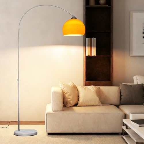 KlkrzJwy Lampada Da Terra Ad Arco Mid-Century, Arancione, Regolabile In Altezza, Con Paralume In Acrilico, Attacco E27, Lampada Da Terra Dimmerabile, Base In Marmo, Per Soggiorno (Lampadina Inclusa)
