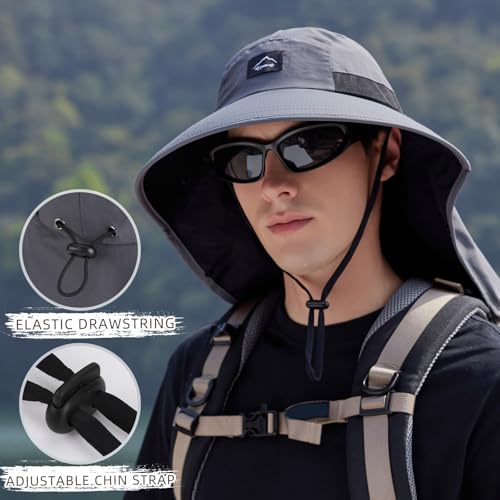 Image of Rosoz Outdoor Sun Hat for Men Women, UPF50+ Protection Safari Cap Wide Brim Mesh Fishing Hat with Neck Flap Beach Garden