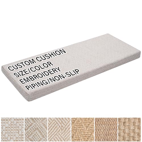 SINUOLIN Custom Size Jute Linen Bench Cushion Pads for Outdoor Indoor Furniture Bay Window Chair Seat Sofa Couch Swing 70D High-Resilience Upholstery Foam with Rustic Farmhouse Fabric Non-slip Straps