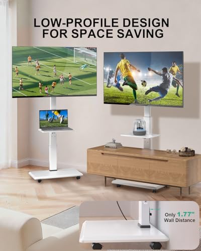 Image of WALI Rolling TV Stand with Power Outlet & AV Shelf, Mobile Tall TV Stand Mount on Wheels for 34-75 inch TV up to 110 lbs, Swivel Height Adjustable TV Cart with Wood Base for Bedroom(TVDVD-6PRW), White