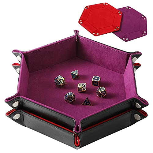 Highway 2 Pcs Portable Folding Dice Rolling Tray Set for RPG DND Table Games - PU Leather and Velvet Holder Storage Box - Red and Violet