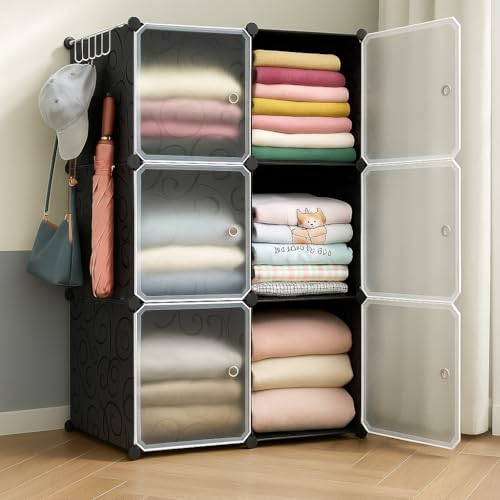Image of LUHI Plastic Wardrobe for Kids Clothes ? Easy to Use Anti-Skid & Non-Slip Effective Professional, Plastic Cupboard for Kids, Foldable Almirah, Collapsible Wardrobe (Black HM1,6-Shelf-6-Door)