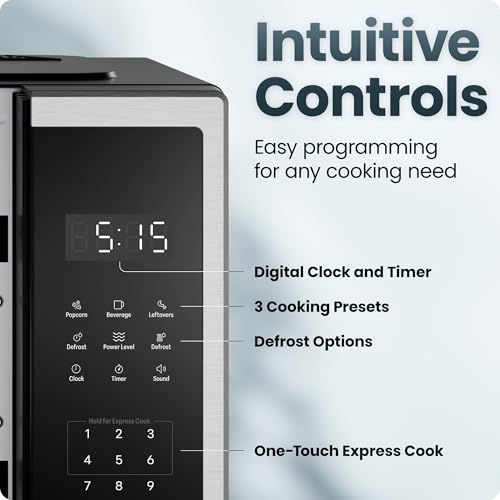 Image of Chefman Countertop Microwave Oven 0.9 Cu. Ft., 1000 Watts with 10 Power Levels, 3 Cooking Presets with One-Touch Express Cook, 2 Defrost Settings, Child Safety Lock, & Mute Button - Stainless Steel