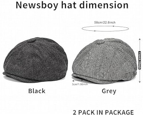 2 PCS Costume Hat, Men's Cotton Flat Cap Beret, Newsboy Hats, 8 Panel Baker Boy Hats for Men, 1920s Mens Caps, Tweed Hats Accessories for Cosplay (Black and Grey)