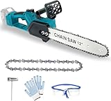 12-Zoll Akku Kettensäge, für Makita 18V Akku, bürstenlose kabellose 650W Elektro-Kettensäge mit Ketten, tragbare elektrische Kettensäge zum Schneiden von Holz und Ästen (Ohne Akku)