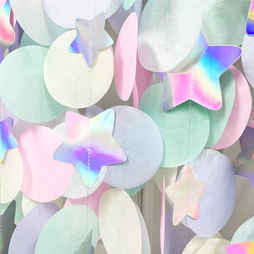 Image of 205Ft Pastel Party Decorations Circle Dot Backdrop Streamer Pastel Tissue Paper Polka Dots with Iridescent Star Hanging Garland for Birthday Wedding Bachelorette Engagement Party Supplies