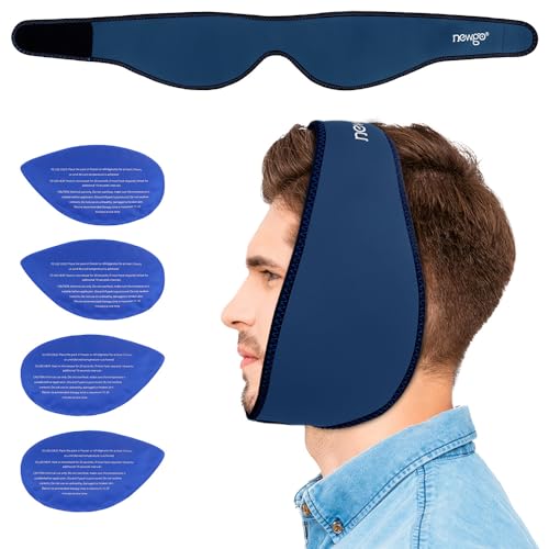 Image of NEWGO Wisdom Teeth Ice Pack Head Wrap Jaw Ice Wrap for Face Oral Surgery Pain Relief, Face Ice Pack with 4 Hot /Cold Packs for Facial, Chin, Jaw - Dark Blue
