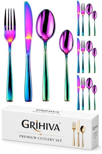 Image of 16 Pcs Rainbow Mirror Polish Stainless Steel Cutlery Set for Dining Table with Spoons and Forks Set + Butterknives - The Perfect Tableware /Flatware