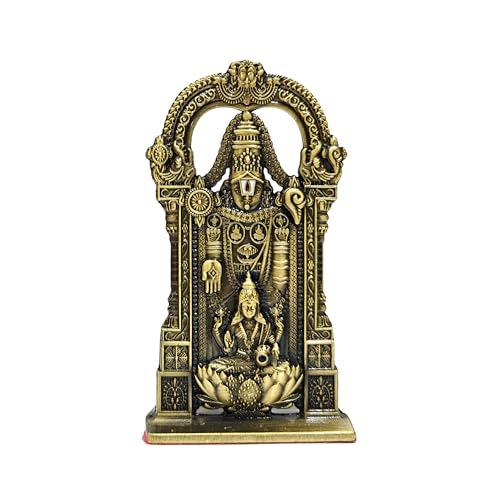 Image of anciently Tirupati Balaji Idol with Lakshmi for Car Dashboard | Venkateswara Idol with Lakshmi for Car Dashboard, Metal, 1 Piece (Brass Colour)