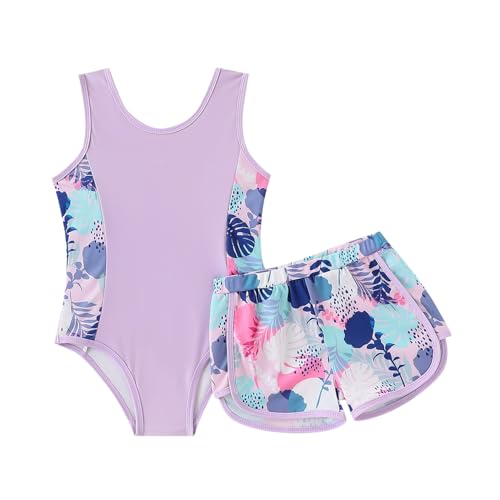 Kid Girl Swimsuit Bikini Set 2PC Bathing Suit for Girls, Tropical Girls' Full Coverage Swimwear Shorts Set(8-9Y) Purple