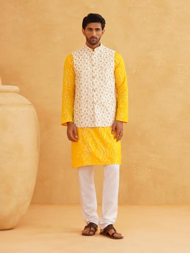 Image of SOJANYA (Since 1958 Men's Pure Cotton Mustard Kurta and White Pyjama With Yellow Embroidery Nehru Jacket