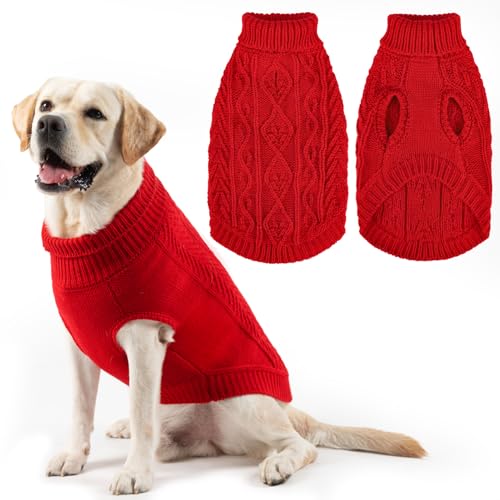 Image of PUPTECK Dog Sweater, Turtleneck Warm Knitted Pullover Coat, Thick Cable Knitwear Clothes in Winter, Pet Apparel Outfits for Large Dogs, for Cold Weather Indoor & Outdoor, Red L