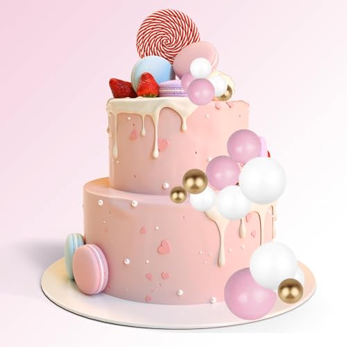 41 Pcs Pink Cake Balls Decoration Ball Cake Toppers Decorations Cake Decorations Flowers Pink and Gold Balls for Cakes Pinks Palm Leaves Cupcake Toppers for Baby Shower Wedding Party Anniversary - Image 4