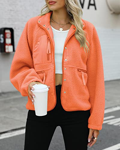 Lamissche Womens Fuzzy Sherpa Fleece Jacket Long Sleeve Button Down Shacket Coat Winter Warm Lapel Collared Outwear(Bright Orange,Xl) #TOP1