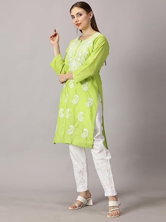 Image of FCH, Fashionable Chikan Handikraft Women's Cotton Lucknowi Chikankari Printed Straight Kurta for Regular Wear Girls Flared Kurta