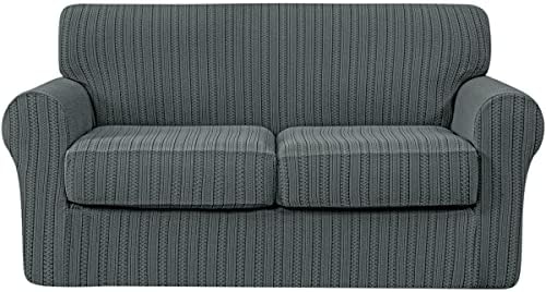 subrtex Sofa Cover High Stretch Striped Jacquard Couch Slipcover with 2 Separate Cushion 3-Piece Couch Cover for 2-Seater Elastic Washable Furniture Protector for Pets Kids（Medium, Grey）