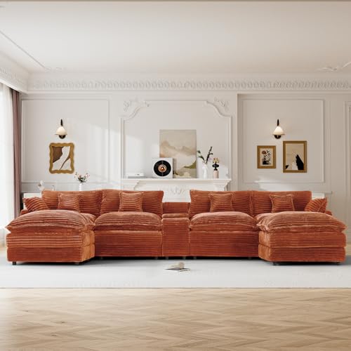 Image of 145 inch Oversized U Shaped Modular Sectional Sofa with Ottoman, Comfy Fluffy Soft Corduroy, Large Cloud Couch with USB Port, Cup Holder and Storage Central Console for Living Room, Orange