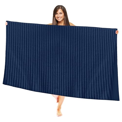 Image of Elegant Comfort 100% Turkish Cotton Corduroy Ribbed Luxury Jumbo Bath Towel Ultra Soft - 35 x 70 Inch - Luxury Spa Premium Hotel Quality Highly Absorbent and Quick Dry Large Bath Towel, Navy