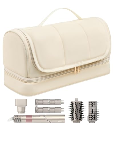 Noldena Hanging Hair Dryer Travel Case Compatible with Dyson Airwrap and Shark FlexStyle Water-Resistant Hair Tool Organizer Bag with Removable Divider Makeup Cosmetic Bag Gift for Women Cream