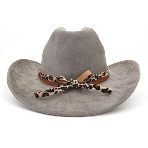 Image of Classic Suede Cowboy Hat for Adult Wide Brim Western Cowgirl Hat Women Fedora Hat with Leopard Print Hatband