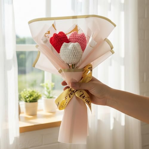 Image of HindCraft Handmade Crochet Tulip Flower Bouquet | Red White Pink Knitted Tulip Bouquet | Artificial Forever Flowers Gift for Birthday Anniversary Valentine Home Decor